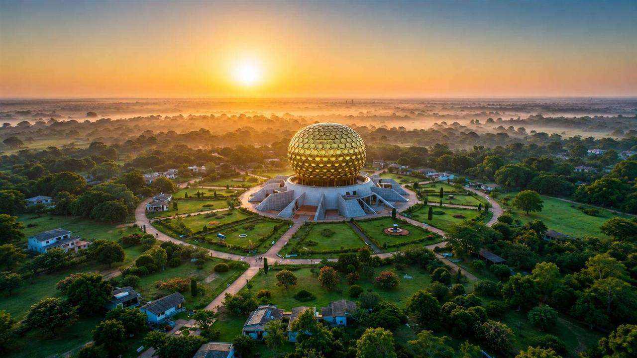 Auroville Matrimandir at sunrise